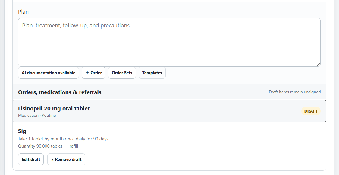 Rios EHR assessment plan and medication draft workflow