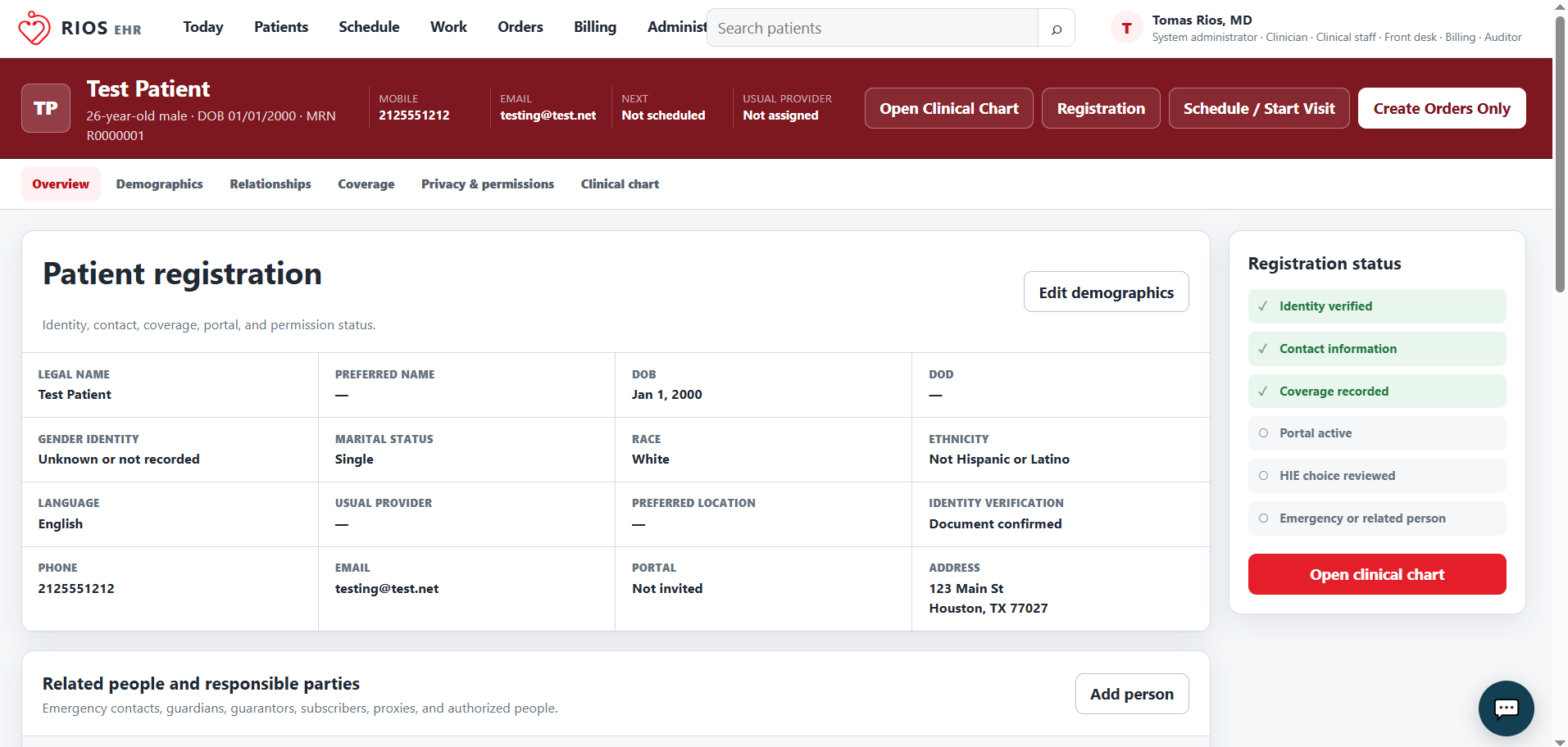 Rios EHR patient chart overview using synthetic patient information